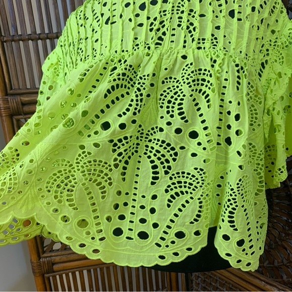 Farm Rio Palm Tree Richelieu Cotton Eyelet Crop Blouse in Lime Green size S - Picture 6 of 13